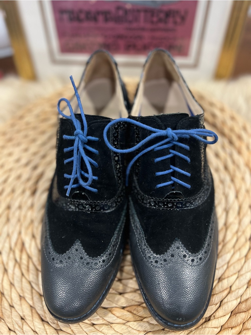 Women’s Black Wingtip Oxford Dress Shoes with Blue Laces